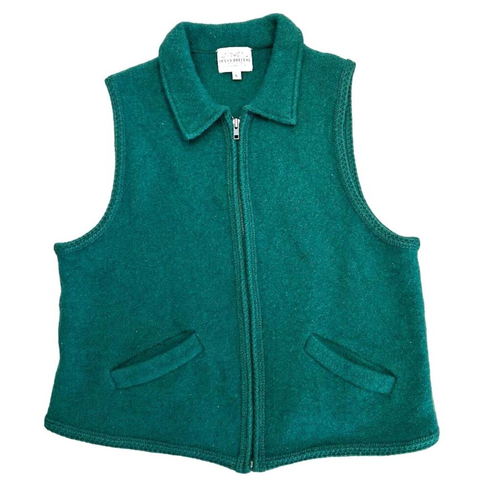 Vtg Susan Bristol 90's 100% Wool Green Zip Pockets Vest Sz L Classic Grandpa